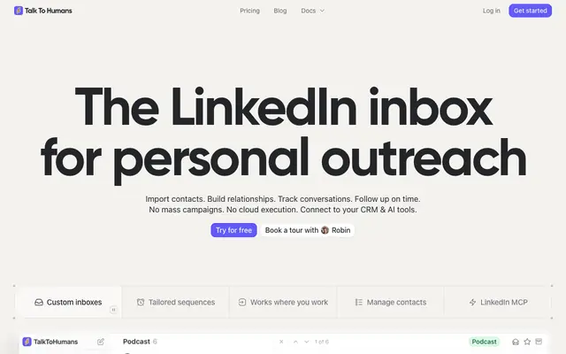 Screenshot of LinkedIn CRM & Inbox for Safer Outreach | TalkToHumans