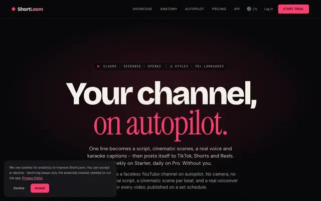 Screenshot of ShortLoom.ai - cinematic faceless videos on autopilot