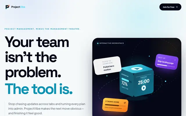 Screenshot of ProjectVibe — AI-powered project management for small teams
