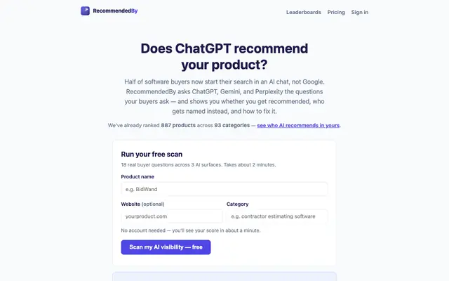 Screenshot of RecommendedBy — does ChatGPT recommend your product?