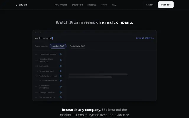 Screenshot of Drosim - AI Market Research & Business Intelligence