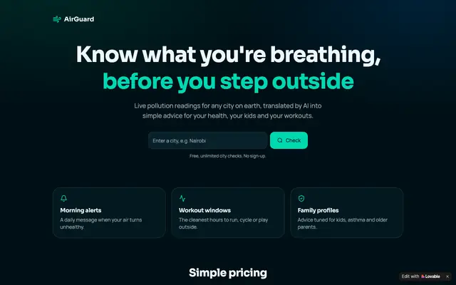 Screenshot of AirGuard — Live Air Quality Alerts & AI Health Advice