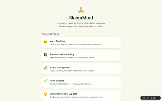 Screenshot of BloomMind — Your daily mental health toolkit