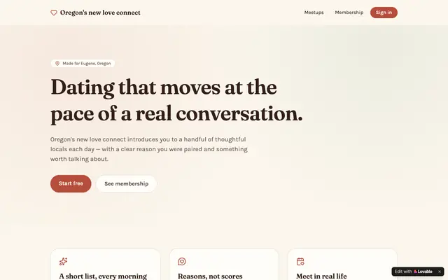 Screenshot of Willamette — Curated Dating in Eugene, Oregon