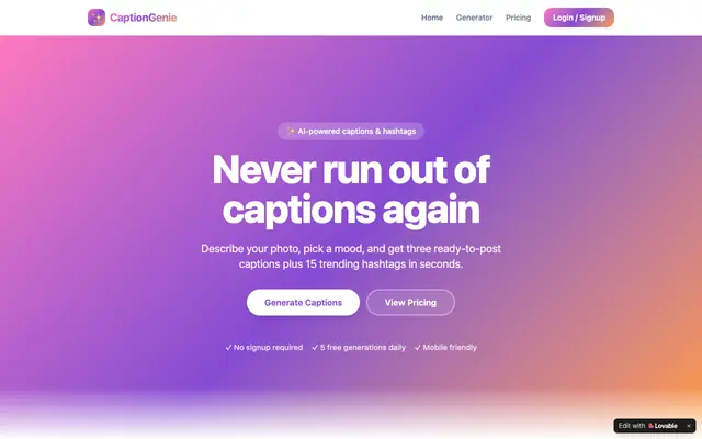 Screenshot of CaptionGenie — Never Run Out of Captions Again