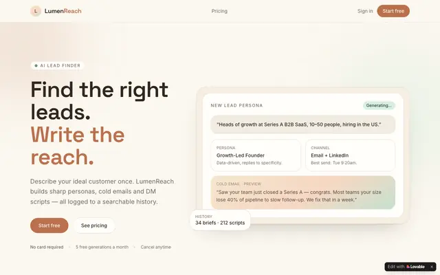 Screenshot of LumenReach — AI lead finder & cold outreach writer