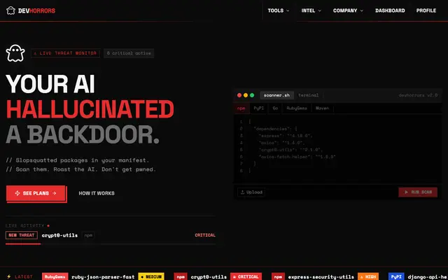 Screenshot of DevHorrors - Catch AI-Hallucinated & Slopsquatted Packages