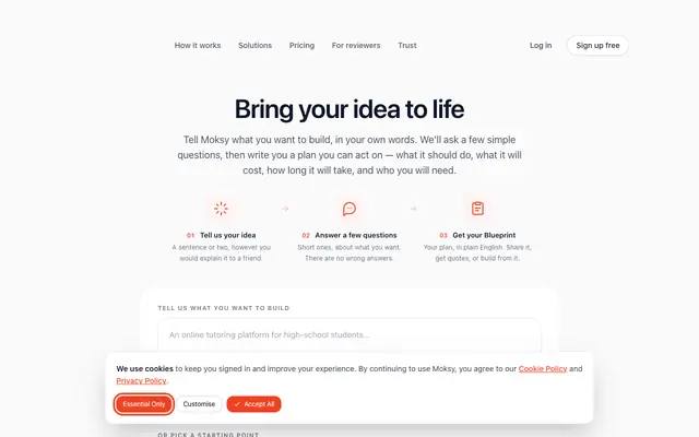 Screenshot of Moksy — Turn your idea into a build-ready plan