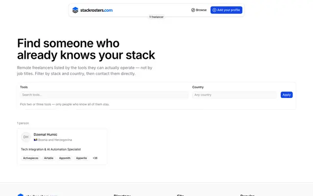 Screenshot of Find freelancers by the tools they use · stackrosters