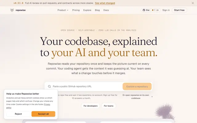 Screenshot of Repowise: codebase intelligence that shows its work