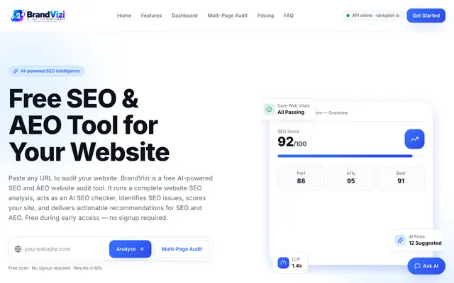 Screenshot of Free SEO & AEO Tool | AI Website Audit | BrandVizi