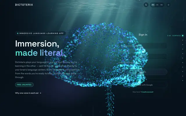 Screenshot of Dictoterix — immersive language learning app