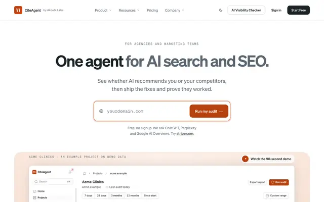 Screenshot of CiteAgent — The AI SEO Platform (AEO + SEO)