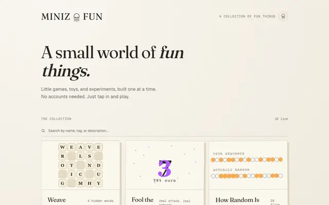Screenshot of miniz — a small collection of interactive curiosities