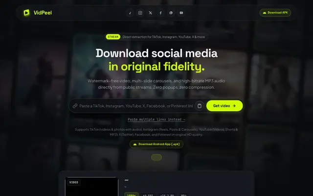 Screenshot of VidPeel — Free Online Video Downloader (No Watermark, HD)