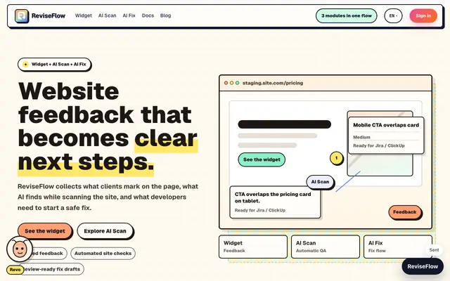 Screenshot of ReviseFlow - Widget, AI Scan, and AI Fix in One Workflow