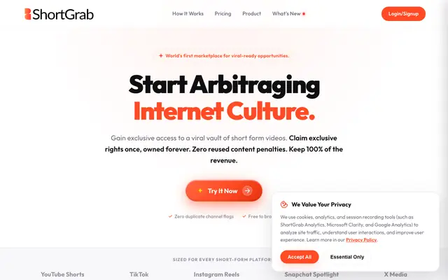Screenshot of ShortGrab - The Marketplace for Viral-Ready Opportunities