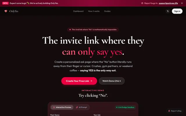 Screenshot of OnlyYes - AI Personalized Ask Links for Any Social Ask