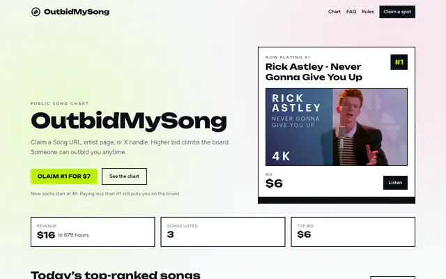 Screenshot of OutbidMySong.lol | Pay-to-Rank Song Chart — Claim a Song, Artist Page, or X Hand