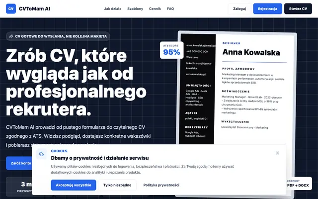 Screenshot of CVToMam AI - profesjonalne CV z AI w kilka minut