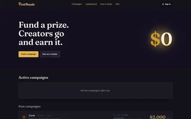 Screenshot of ViralRoyale, fund a campaign, go viral