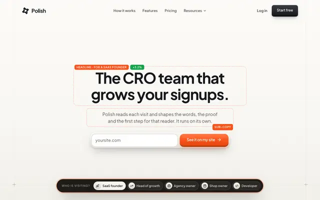 Screenshot of Polish — Your website rewrites itself until it converts