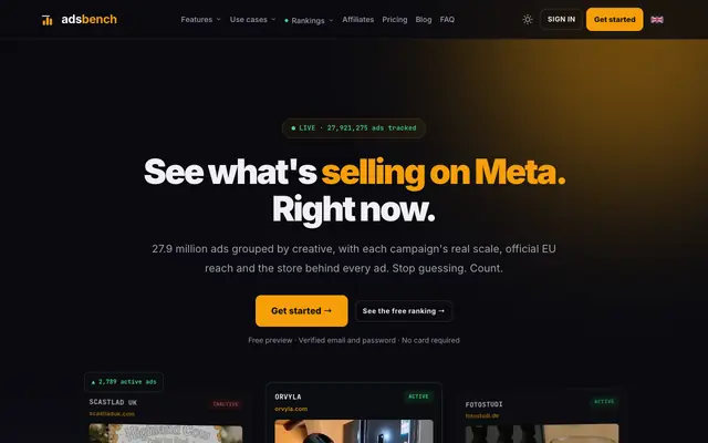 Screenshot of Ads Bench · Descubra o que está vendendo no Meta. Agora.