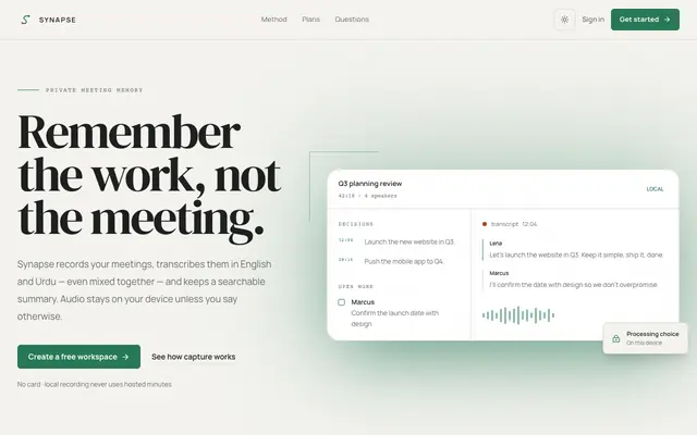 Screenshot of SYNAPSE — Meeting memory, on your terms