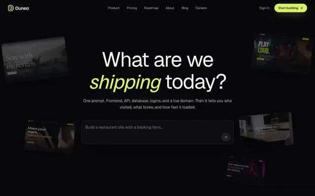 Screenshot of Dunea | One prompt. A full-stack site, live on your domain.