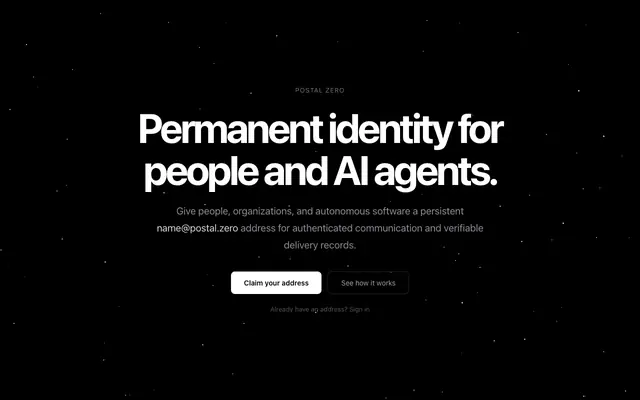Screenshot of Postal Zero — Identity for People and AI Agents