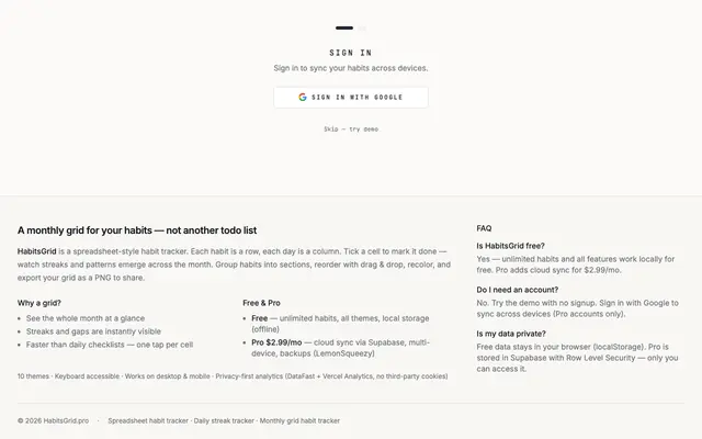 Screenshot of HabitsGrid — Spreadsheet-Style Habit Tracker