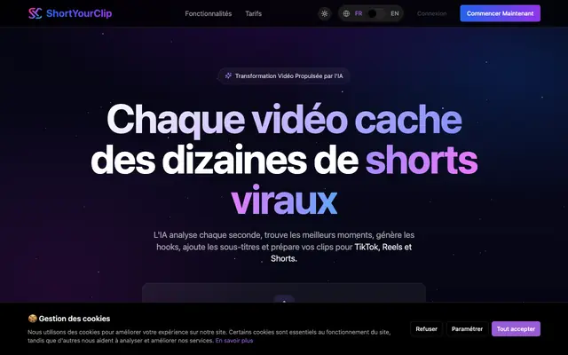 Screenshot of ShortYourClip — Transformez vos vidéos YouTube en Shorts viraux