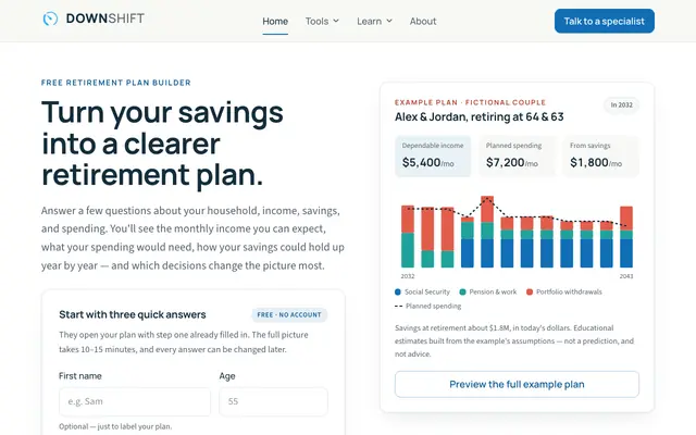 Screenshot of Downshift — Retirement planning, without the noise