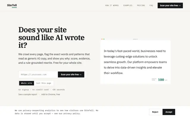 Screenshot of SiteTell, Does your site sound like AI wrote it?