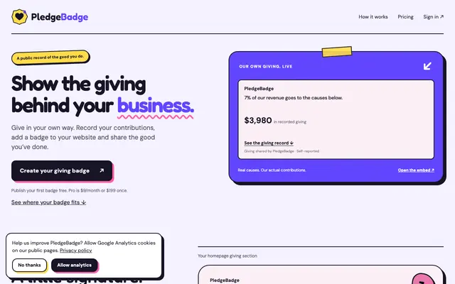 Screenshot of PledgeBadge — show where a share goes