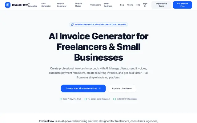 Screenshot of AI Invoice Generator for Freelancers & Small Businesses | InvoiceFlow