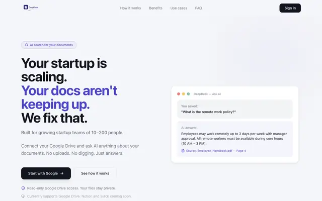 Screenshot of DeepDesk — Ask it something you couldn't find last week.