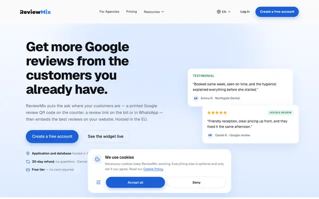 Screenshot of Get more Google reviews — QR codes & widget | ReviewMix