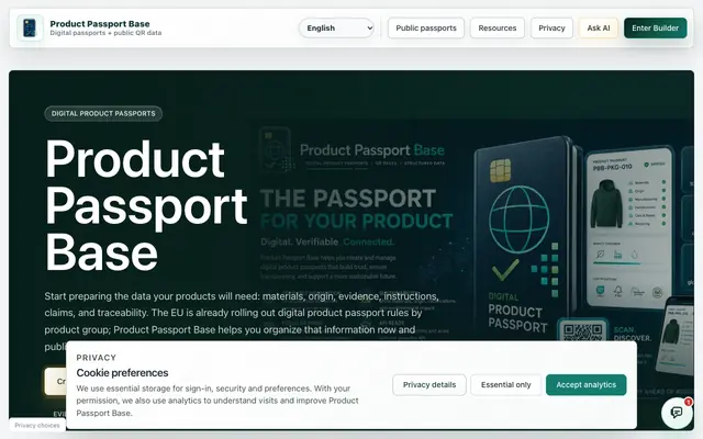 Screenshot of Product Passport Base | Digital Product Passports, QR Pages & API