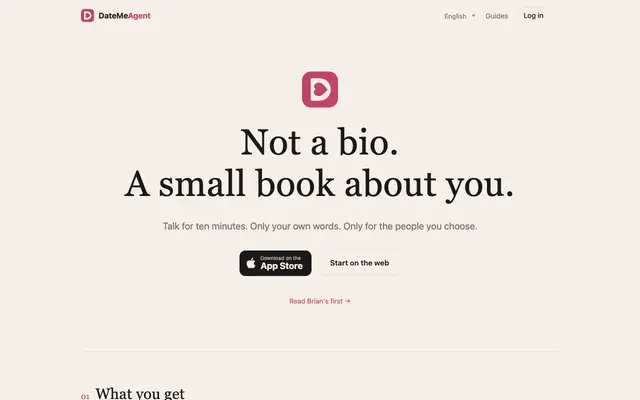 Screenshot of DateMeAgent · Not a bio. A small book about you.
