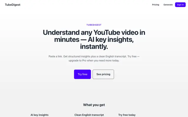 Screenshot of TubeDigest — AI insights for any YouTube video