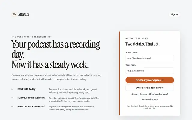 Screenshot of Aftertape — Podcast Workflow Software for Hosts