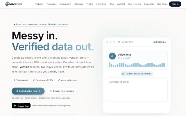 Screenshot of DodoForm — AI form builder. Talk, snap, or scribble.