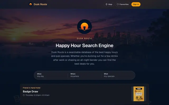 Screenshot of Dusk Route: Happy Hour Search Engine.