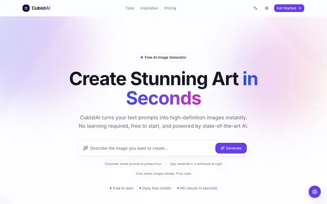 Screenshot of Free AI Image Generator - Instant Text to Art | CubistAI