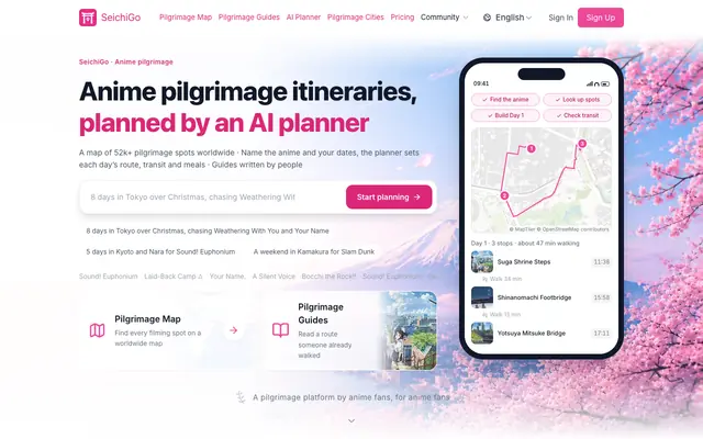 Screenshot of 动漫圣地巡礼行程规划 · AI 规划师 + 全球巡礼点位地图 | SeichiGo