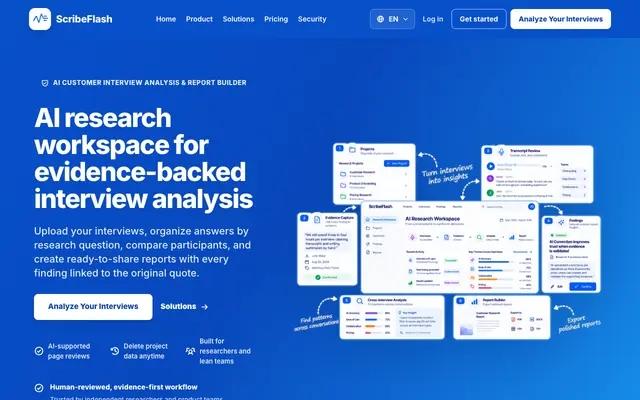 Screenshot of AI Research Workspace for Interview Analysis | ScribeFlash