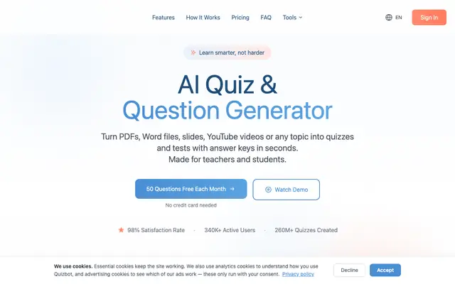 Screenshot of AI Quiz & Question Generator from PDF, Word & Video | Quizbot