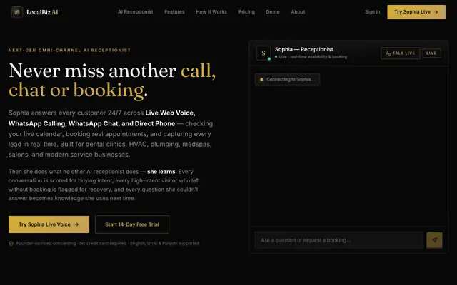 Screenshot of LocalBiz AI — Next-Gen Omni-Channel AI Receptionist & Booking Engine