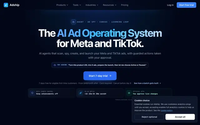 Screenshot of Adship: The AI Ad Operating System for Meta and TikTok